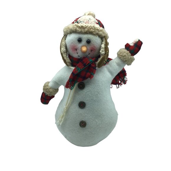 Vtg Snowman Plush Winter Christmas Holiday Trapper Cap Snow Waving 5.5" RARE - Picture 1 of 6